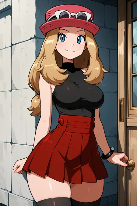 masterpiece, best quality, medium breasts, (curvy), ,,, BREAK, zzSerena, solo, long hair, blue eyes, eyewear on headwear, pink headwear, eyelashes, sleeveless shirt, black shirt, bracelet, high-waist skirt, red skirt, black thighhighs,<lora:SerenaPokemonIXL_v2:1.0>,BREAK, smile, looking at viewer, cowboy shot, <lora:QuickCuteIXL:1.0>, ,