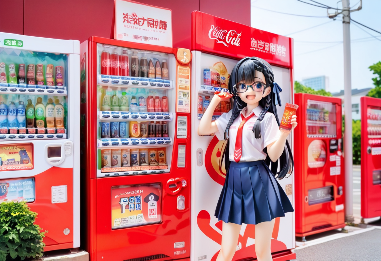 score_9, score_8_up, score_7_up, rating_safe, masterpiece, best quality, absurdres, unity 8k wallpaper, official art, official style, source_anime, uncensored, game cg, megami magazine,
1girl, solo, glasses, black hair, long hair, braid, hair ribbon, collared shirt, red necktie, short sleeves, pleated skirt, blue skirt, looking at viewer, blush, laughing, holding smartphone, standing, 
vending machine, outdoors, building, plant, road, day, coca-cola, utility pole
 <lora:jihanki_PONY_V1:0.8>
