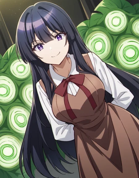 score_9, score_8_up, score_7_up, source_anime, <lora:spyroom-thea-s2-ponyxl-lora-nochekaiser:1>, thea, long hair, bangs, black hair, purple eyes, black hair, large breasts,, shirt, long sleeves, dress, bow, school uniform, white shirt, collared shirt, red bow, neck ribbon, brown dress, nuclear powerplant, radiation, cooling towers, danger, energy, smile, hands behind back, bent over,, looking at viewer, solo,, dutch angle, cowboy shot