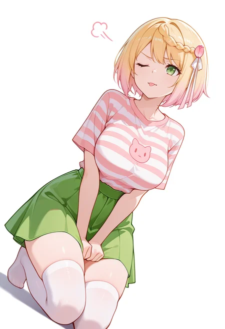 masterpiece,high quality details, absurdres,
 <lora:Sakura_Mochida:0.8>
sakuram_cnr, 1girl, blonde hair, pink hair, gradient hair, short hair,braid,green eyes,large breasts,hair ribbon,hair ornament, hair flower,enh_cnr,, simple background, white background, dynamic angle,solo,, annoyed,despair,, ;p,, kneeling on floor,seated with knees drawn up,upright posture,, print shirt,striped shirt,tulip skirt,  ,var-legwear,
