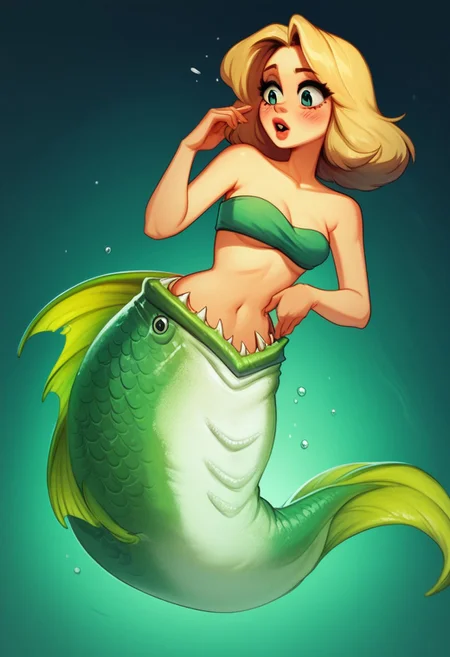 score_9, score_8_up, score_8_up, solo, 28yo, 1girl, hookmaiden, she is being eaten by a fish, green fish, detailed fish, perfect fish, bandeau, hattiezazu, digital art, soft light