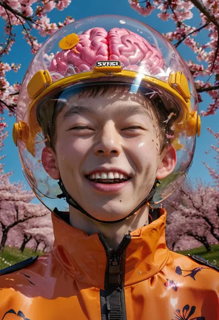 (8k, RAW photo, highly detailed, masterpiece, highest quality, hyper realistic, intricately detailed, vivid and vibrant colors, centred and symmetrical), a photo of a laughing boy, (sheetface), (XUER Liquid chromium brain), transparent helmet, orange jumpsuit, happy and excited, in a meadow, cherry blossom petals falling from the sky in the background, in spring time, looking at viewer, (low angle, wide shot, wide-angle lens), high fashion, fashion photography, sharp focus, sharp image, centred and symmetrical, science fiction,