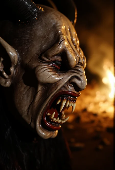 A close-up of a Krampus mask, showcasing sharp, menacing fangs with soft ambient lighting to enhance the texture and details. The mask is adorned with charred and cracked surfaces, creating a haunting and realistic look. The background features a faintly glowing bonfire, ensuring the mask remains the main focus, in sharp focus with crisp details.<lora:bv-krampus-v1.safetensors:1.0:1.0>