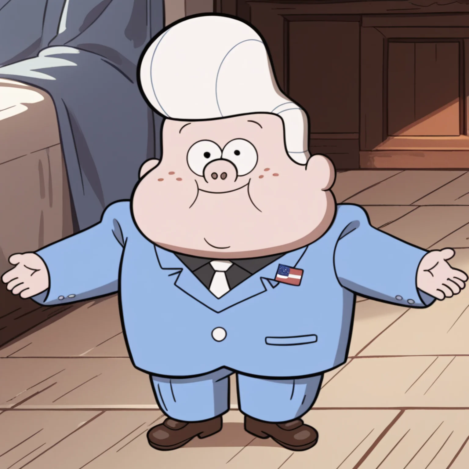 score_9, score_8_up, score_7_up, best quality, source_toon, gideon-g, pale skin, freckles, double chin, chubby cheeks, white hair, pompadour, human, male, solo, fat, plump, overweight, male, black eyes, young, 1boy, blue suit, black undershirt, usa flag pin on suit, white tie, brown loafers, smile, looking at viewer