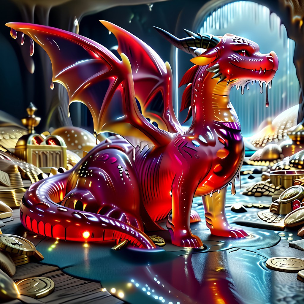 1dragon, highly detailed black  dragon, black dragon made out of slime, scaly black slime dragon, slime dragon with red eyes, black slime dragon laying in its hoard, black slime dragon with wings, dragon wings, detailed claws, detailed feet, detailed tail,
multi-colored gems made out of slime, in a room of treasure made out of slime, tiny gold coins and bars made out of slime, piles of tiny coins, piles of tiny gold slime coins, piles of gold slime, tiny gold slime coins, only tiny coins, translucent slime coins, 
treasure-room, treasure, gemstone, coins, gold bars, gold pile, 
everything made of slime, No simple background,
((translucent slime)), ((transparent slime)), (bioluminescent slime), sl1m3, slime, ais-blmn, watce, je11y, thickwater, great lighting, ral-lava, even lighting, no bright spots, saturated colors,