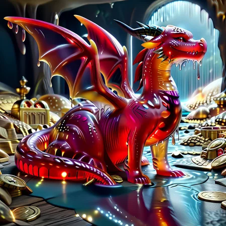 1dragon, highly detailed black  dragon, black dragon made out of slime, scaly black slime dragon, slime dragon with red eyes, black slime dragon laying in its hoard, black slime dragon with wings, dragon wings, detailed claws, detailed feet, detailed tail,
multi-colored gems made out of slime, in a room of treasure made out of slime, tiny gold coins and bars made out of slime, piles of tiny coins, piles of tiny gold slime coins, piles of gold slime, tiny gold slime coins, only tiny coins, translucent slime coins, 
treasure-room, treasure, gemstone, coins, gold bars, gold pile, 
everything made of slime, No simple background,
((translucent slime)), ((transparent slime)), (bioluminescent slime), sl1m3, slime, ais-blmn, watce, je11y, thickwater, great lighting, ral-lava, even lighting, no bright spots, saturated colors,