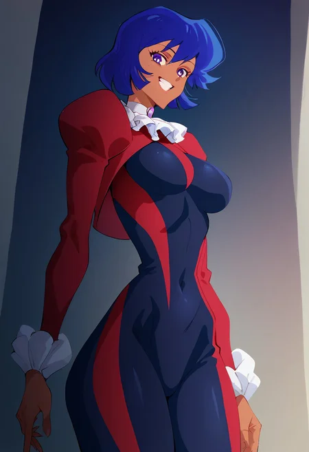 score_9, score_8_up, score_7_up, score_6_up, 2d, cartoon, 1girl, solo, cowboy shot, perfect face, perfect eyes, 1girl, Misty Honey, tanned skin, blue hair, short hair, purple eyes, smile, thin waist, slim waist, standing, looking down at viewer, (((medium breasts))), ((medium ass)), jewelry, red jacket, skintight bodysuit, multicolored bodysuit, red and blue bodysuit, upper body focus, bedroom