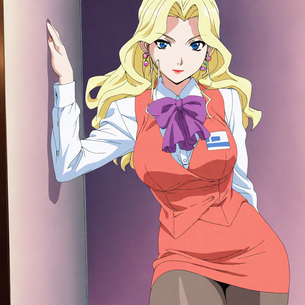 masterpiece,high score,great score,absurdres,solo,anime coloring,looking at viewer,cowboy_shot,<lora:AliceNonoyama hassakuill30:1> alicenonoyama, blonde hair, long hair, blue eyes, lipstick, earrings,vest,shirt,bow,skirt,pantyhose,