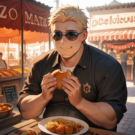 masterpiece, best quality, amazing quality, absurdres, newest, detailed background, definition so sharp, Ultra-HD, 8K cinematic, very awa, impressionate, amazing quality, highres, 
solo, male focus, manly, 
1boy, short hair, goatee, chubby, rikio_blonde, rikio_brown eyes, rikiokamamoto, sunglasses \(pushed up\), earrings, sideburns, casual outfit, food stall, street market, daytime, warm lighting, delicious, contented, cheerful, foodie, holding food, happy expression, eating,