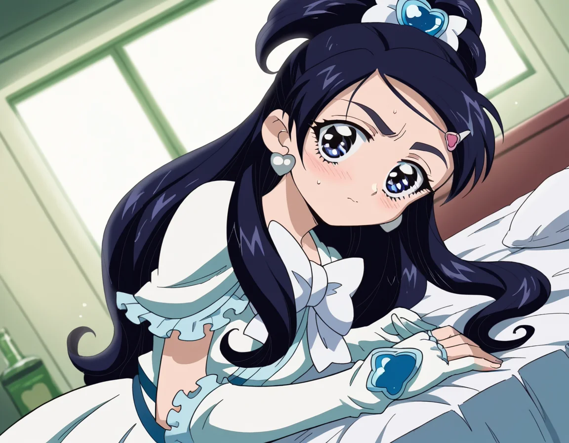 score_9, score_8_up, score_7_up, source_anime, <lora:honoka-yukishiro-anime-ponyxl-lora-nochekaiser:1>, honoka yukishiro, long hair, blue eyes, hair ornament, blue hair, hairclip,, dress, jewelry, earrings, magical girl, half updo, cure white, frills, bowtie, white bowtie, gloves,, indoors, bed, bed room, on side, blush, drunk, looking at viewer, solo,, cowboy shot, dutch angle
