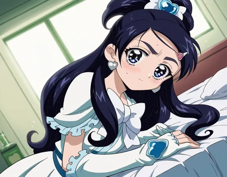 score_9, score_8_up, score_7_up, source_anime, <lora:honoka-yukishiro-anime-ponyxl-lora-nochekaiser:1>, honoka yukishiro, long hair, blue eyes, hair ornament, blue hair, hairclip,, dress, jewelry, earrings, magical girl, half updo, cure white, frills, bowtie, white bowtie, gloves,, indoors, bed, bed room, on side, blush, drunk, looking at viewer, solo,, cowboy shot, dutch angle
