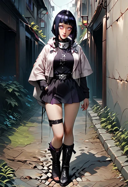 (score_9, score_8_up, score_7_up, choker, black collar, shock collar, Marked Tattoo, Tattoo, Eevee ears, Eevee tail, pet, pet play, bdsm, Light skin, Neko, Eevee eyes, Fox Ears, Fox Tail, Expressiveh, 25 years old, solo focus,
1girl, hyuuga hinata, purple eyes, white eyes, blunt bangs, black hair, hime cut,
hooded jacket, fishnets, headband around neck, pants, hood, forehead protector, konohagakure symbol, boots, black footwear,
thighhighs, shorts, thigh strap, bandages, toeless footwear,
outdoors, standing, street, night, dominant, confident, bar, backstreets, moonlight, moonlit, dark, HDA_pet_play, w4rh4mm3r style oil painting, grimdark, warhammer 40000, inquisitor, servo skull, open clothes, open jacket, hive city, Skirt, Thigh high boots, belt