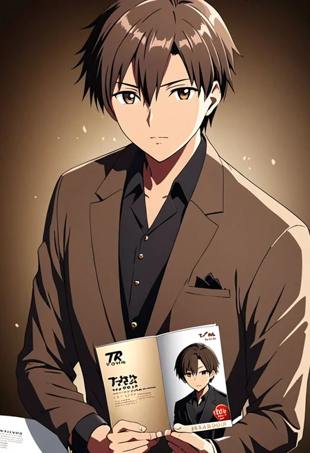 high resolution, solo, best quality, 1Boy, Takaki Toono, Brownish Hair, Brown Eyes, brand ambassador, brochure design, OverallDetail