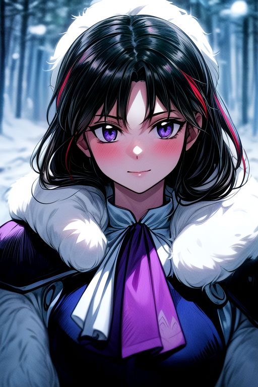 1girl Setsun4 solo long hair,  black hair very long hair purple eyes multicolored hair armor (fur trim) (medium body),<lora:EMS-179-EMS:0.800000>,<lora:EMS-293862-EMS:0.800000> bow, hair_bow, hair_tubes, red_bow, brown_hair, long_hair, bangs, ascot, frilled_bow, yellow_ascot, blush, smile, hair_between_eyes, athletic, (masterpiece:1.1), (best quality:1.1), 1girl, Real light and shadow, anime face, 4k, 8k, wallpaper,epic, detail texture, black hair, (blue eyes:1.5), ((((black hair:1.35, medium hair)))),intricate eyes,beautiful detailed eyes,symmetrical eyes,big eyes:1.5,(((lustrous skin:1.5,bright skin: 1.5,skin tanned,shiny skin,very shiny skin,shiny body,plastic glitter skin,exaggerated shiny skin,illuminated skin))),(detailed body,(detailed face)), cute, erotic,daring, (((medieval man armor,adventurer man armor,winter coat))),(((intricate outfit,intricate clothes, ushanka, embroidered outfit,ornate outfit,embroidered clothes,ornate armor))), (dynamic pose:1.0),happy,smile,(centered,scale to fit dimensions,Rule of thirds), ((snowy pine forest at night)), with dark stormy clouds,winter,scenery:1.25,((snow forest background)),Christmas tree, highres,sharp focus,(ultra detailed,extremely detailed),(photorealistic artwork:1.37),(extremely detailed CG unity 8k wallpaper),(((vibrant colors,vibrant theme))),(intricate),(masterpiece),(best quality),