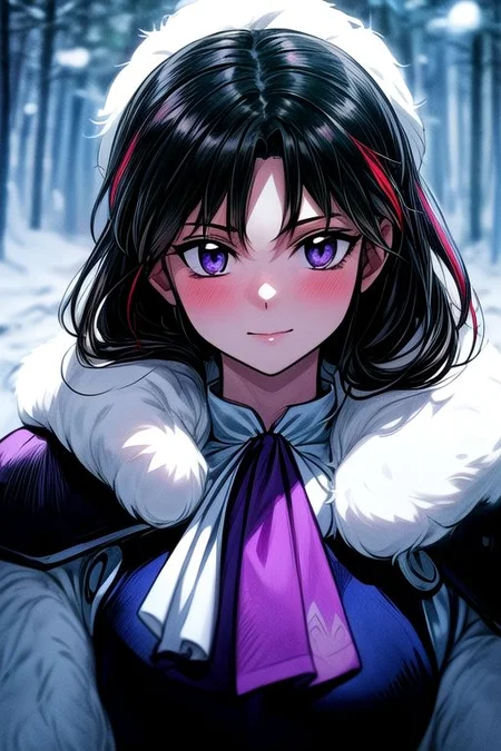 1girl Setsun4 solo long hair, black hair very long hair purple eyes multicolored hair armor (fur trim) (medium body),<lora:EMS-179-EMS:0.800000>,<lora:EMS-293862-EMS:0.800000> bow, hair_bow, hair_tubes, red_bow, brown_hair, long_hair, bangs, ascot, frilled_bow, yellow_ascot, blush, smile, hair_between_eyes, athletic, (masterpiece:1.1), (best quality:1.1), 1girl, Real light and shadow, anime face, 4k, 8k, wallpaper,epic, detail texture, black hair, (blue eyes:1.5), ((((black hair:1.35, medium hair)))),intricate eyes,beautiful detailed eyes,symmetrical eyes,big eyes:1.5,(((lustrous skin:1.5,bright skin: 1.5,skin tanned,shiny skin,very shiny skin,shiny body,plastic glitter skin,exaggerated shiny skin,illuminated skin))),(detailed body,(detailed face)), cute, erotic,daring, (((medieval man armor,adventurer man armor,winter coat))),(((intricate outfit,intricate clothes, ushanka, embroidered outfit,ornate outfit,embroidered clothes,ornate armor))), (dynamic pose:1.0),happy,smile,(centered,scale to fit dimensions,Rule of thirds), ((snowy pine forest at night)), with dark stormy clouds,winter,scenery:1.25,((snow forest background)),Christmas tree, highres,sharp focus,(ultra detailed,extremely detailed),(photorealistic artwork:1.37),(extremely detailed CG unity 8k wallpaper),(((vibrant colors,vibrant theme))),(intricate),(masterpiece),(best quality),