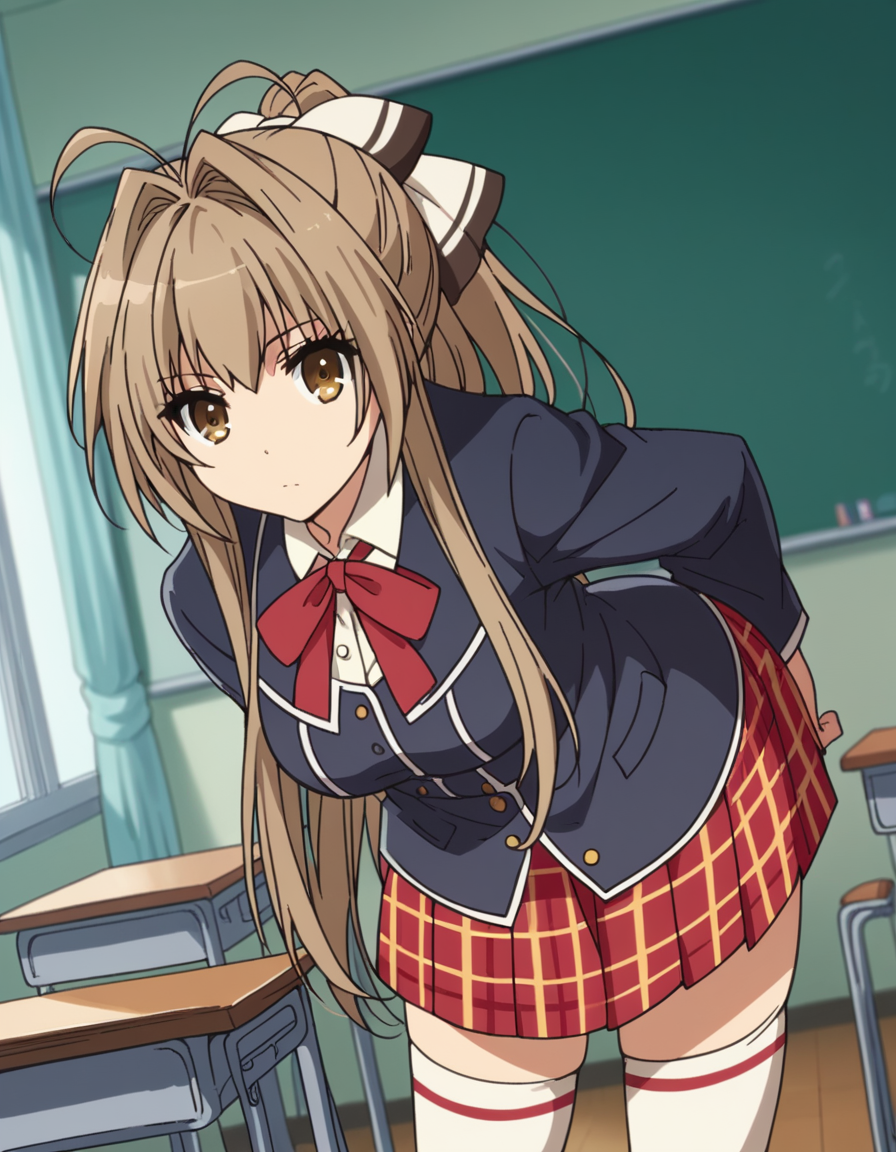 score_9, score_8_up, score_7_up, source_anime,
isuzusento, <lora:isuzu-sento-s1-ponyxl-lora-nochekaiser:1>,
isuzu sento, long hair, brown hair, bow, brown eyes, ponytail, hair intakes, antenna hair,
skirt, thighhighs, ribbon, school uniform, pleated skirt, white thighhighs, zettai ryouiki, plaid, plaid skirt, 
indoors, classroom, bent over,
looking at viewer, cowboy shot, dutch angle, solo,