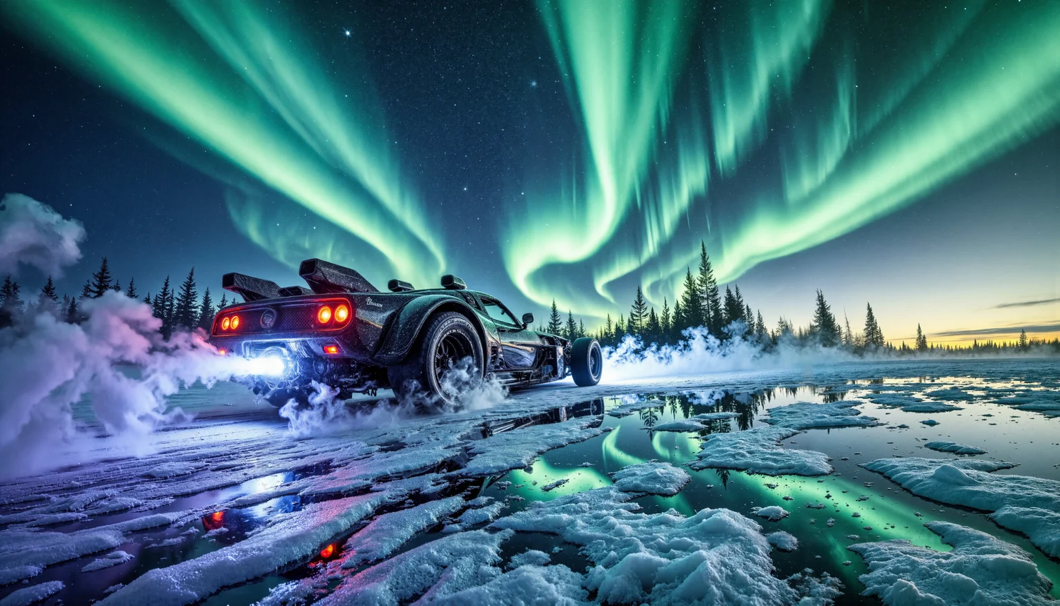 aidmaHiDreamStyle ,aidmaHyperrealism,
Professional photograph of a jet-black carbon-fiber drag racer frozen mid-launch on an Arctic ice sheet, tires erupting into rainbow shards of the northern lights instead of smoke, crystal-clear night sky, ultrawide lens, electric glow.