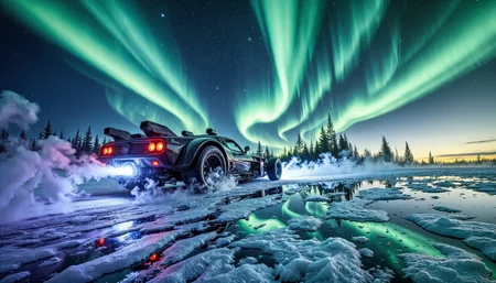 aidmaHiDreamStyle ,aidmaHyperrealism,
Professional photograph of a jet-black carbon-fiber drag racer frozen mid-launch on an Arctic ice sheet, tires erupting into rainbow shards of the northern lights instead of smoke, crystal-clear night sky, ultrawide lens, electric glow.