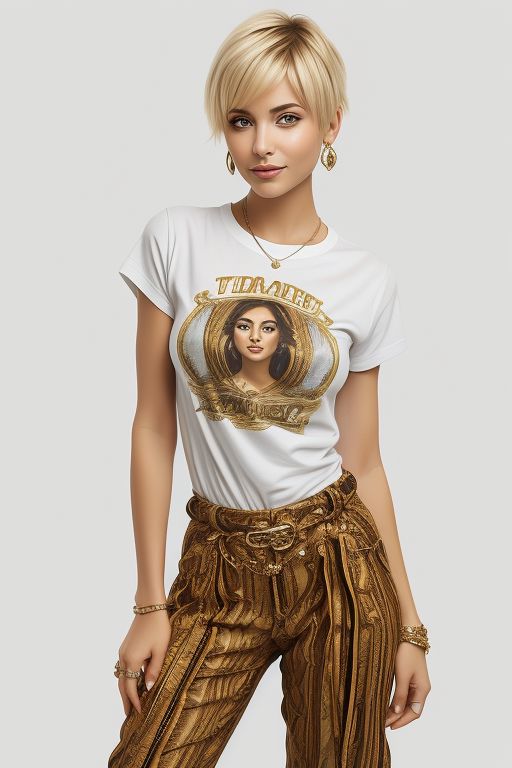 masterpiece,best quality,ultra_detailed, bellissima, 1girl , smile, haircut style pixie, blonde hair, high heel boots, jewelry, pants, short hair, simple background, t-shirt, very short hair, westwood style 1girl