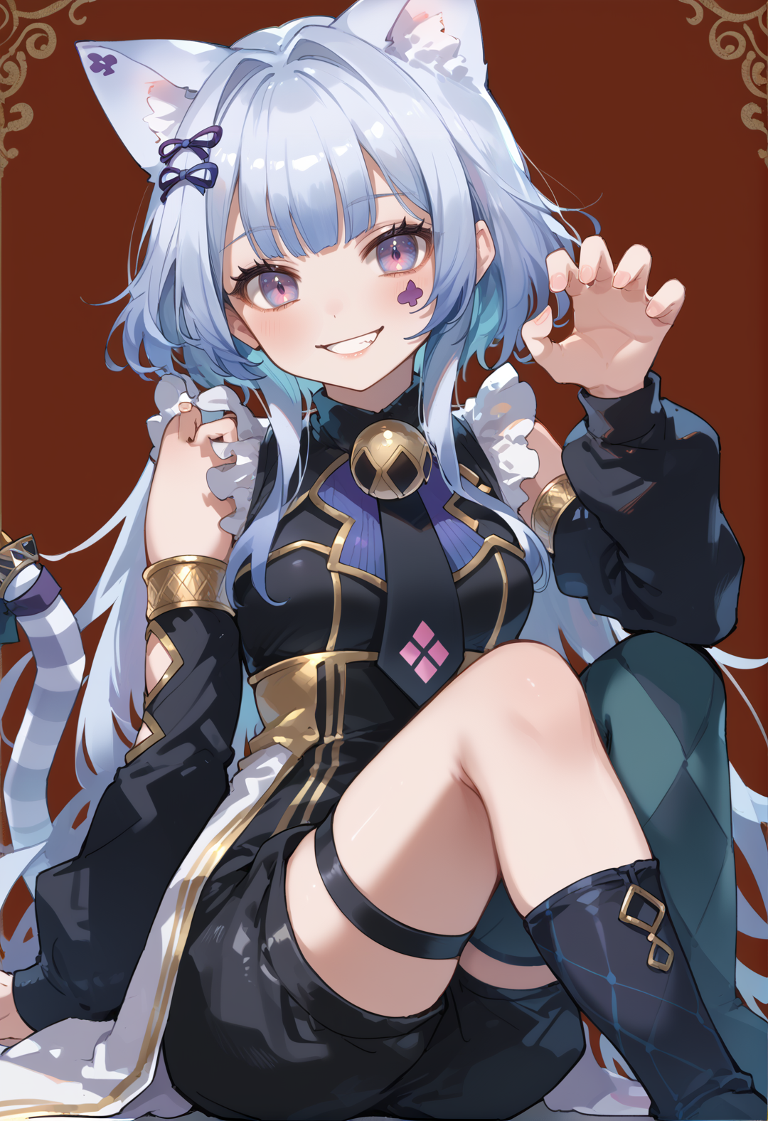 (score_9:0.9),score_8_up,score_7_up,rating_safe,anime_style,(zPDXL),(zPDXL3),((solo)),<lora:MALICE Pawn Cheshire Cat ponyXL v1.31:0.75>,mâlice pawn cheshire cat,1girl,solo,claw pose,cat ears,smile,looking at viewer,detached sleeves,black shorts,neck bell,asymmetrical legwear,argyle,sitting,facial mark,thigh strap,cat girl,black dress,