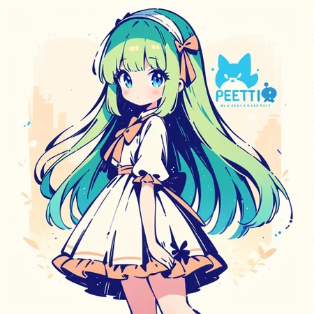 masterpiece, best quality, very aesthetic, absurdres, solo, 1girl, very long hair, green hair, petit, blue eyes, frilled skirt, (simple retro design, logo, manga style, 2tone),