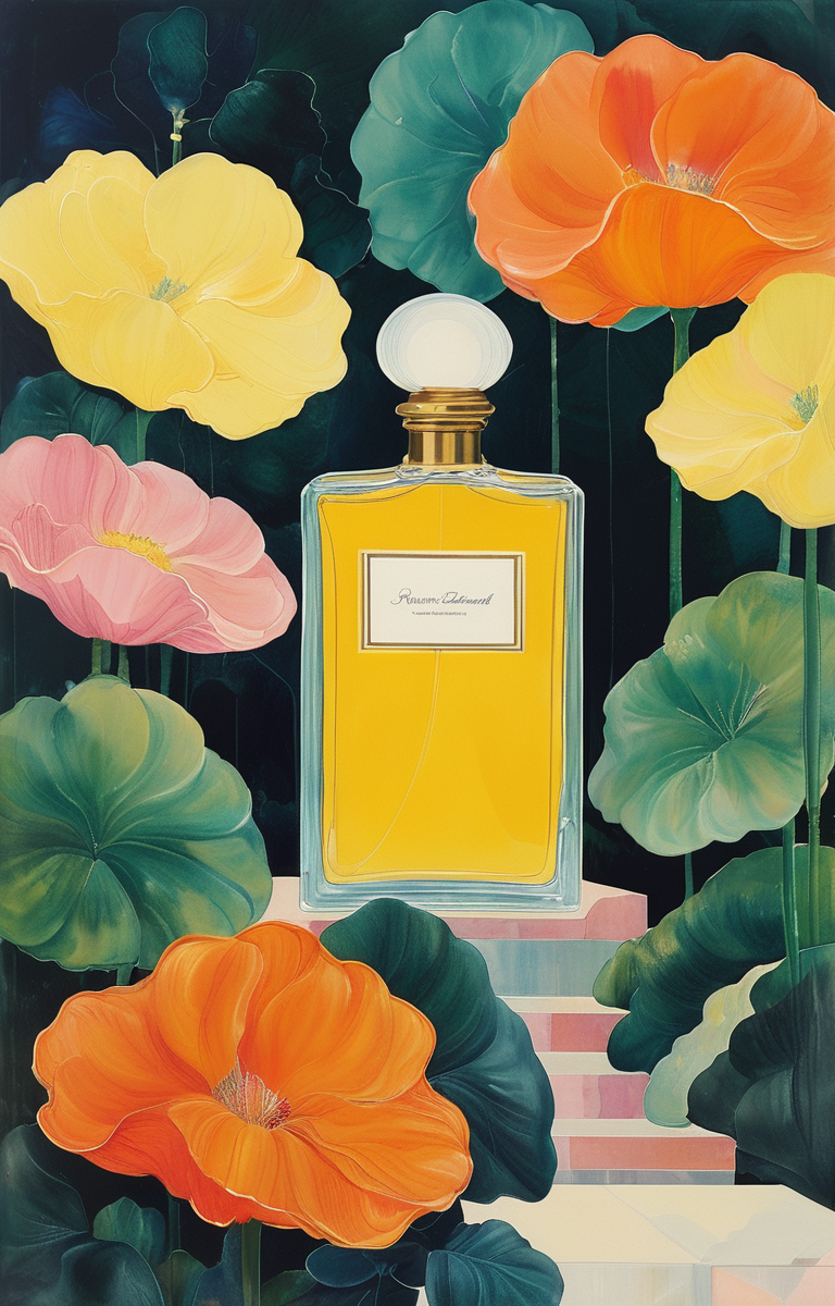 masterpiece,best quality,<lora:tbh222-sdxl:0.9>,illustration,style of Ronnie Landfield A bottle of perfume in garden