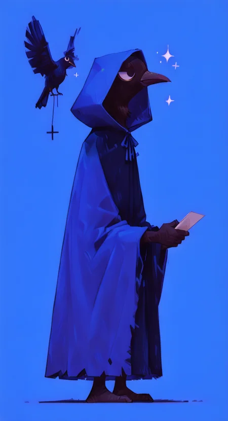 masterpiece, best quality, good quality, very awa, newest, highres, absurdres, solo, simple background, holding, standing, full body, hood, black eyes, from side, sparkle, no humans, blue background, bird, 1other, cloak, hood up, purple background, animal focus, hooded cloak, black cloak, crow, beak, black feathers, blue cloak, hooded robe, animal head, haiz_ai, 0huton_illu,
drawing_style, <lora:illustriousXL_stabilizer_v1.23:0.3> <lora:NOOB_vp1_detailer_by_volnovik_v1:0.3> <lora:ponyv6_noobE11_2_adamW-000017:0.3> <lora:drawing_style_illustriousXL:0.39999999999999997> <lora:96YOTTEA-WAI:1> <lora:0hu_ton:0.85> <lora:haiz_ai_illu:1> <lora:namukijpg_ill:0.85>