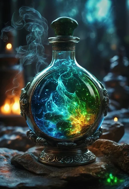 Score_9, Score_8, high_def, highest quality, 4k, best quality, masterpiece, focused, defined, Photorealistic magic potion, intricate glass bottle, elixir, vibrant blue and green colors, blazing with fiery intensity, ethereal light, wax seal, radiant silver highlights, magic lights, luminous, dynamic reflections, magical aura, highly detailed, fantasy essence, glowing ember-like particles, radiant aura, with streaks of molten silver and shimmering metallic accents, evoking a sense of epic power and grandeur