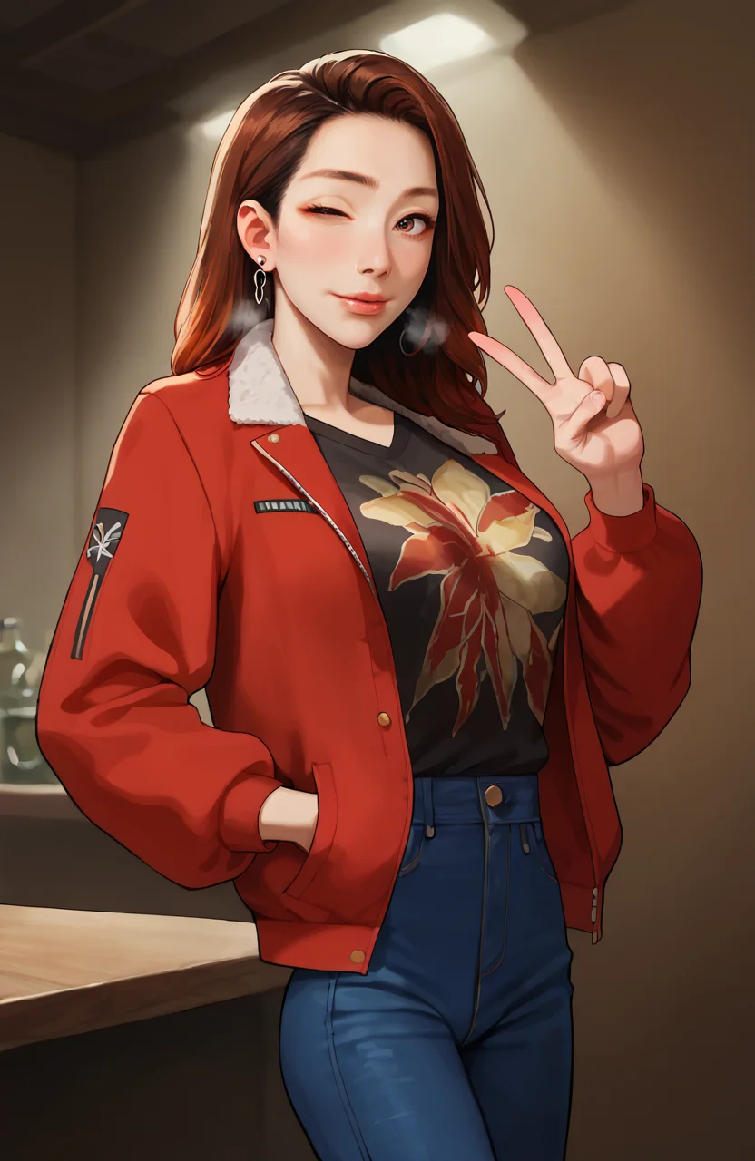 score_9, score_8_up, score_7_up,masterpiece, high quality, best quality,uncensored,detailed face,detailed eyes,2d,anime
ykz_akame, long hair, brown eyes, brown hair, makeup,asian,red hair,
glossy eyes,
1 girl ,medium breasts,narrow waist,((slim body,skinny,slender body)),
red jacket,jeans,black t-shirt,floral print shirt,
obedience,Submission,blush,looking at viewer,
heavy breathing,steamy breath,wink,
,solo,heart,(V-sign),Hands in pockets,
Pale skin,Clear skin,skindentation,
dark room,neon light,(nightclub),
<lora:Expressive_H:0.7> <lora:Akame_PONY:0.85> <lora:Jabstyle_PNYV1.5:0.4> <lora:The_Pit-PonyXL-1024px-split-v2:0.3> <lora:incase-ilff-v3-4:0.6> <lora:PONYXL_ARTSTYLE_AromaSensei_ownwaifu:0.4>