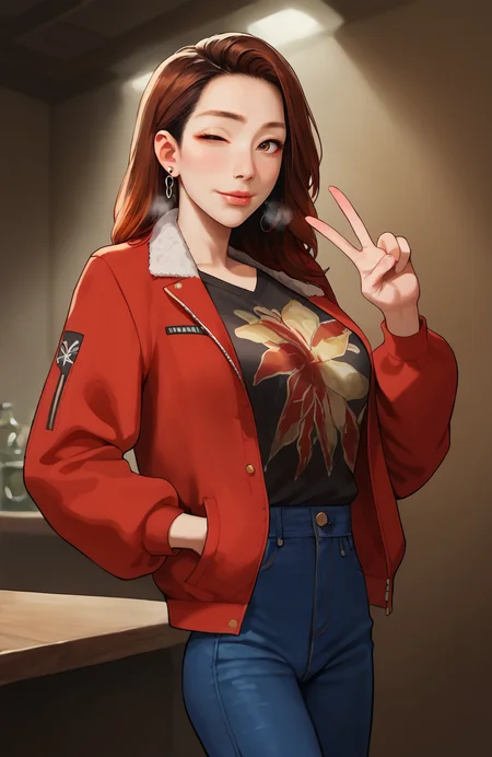 score_9, score_8_up, score_7_up,masterpiece, high quality, best quality,uncensored,detailed face,detailed eyes,2d,anime
ykz_akame, long hair, brown eyes, brown hair, makeup,asian,red hair,
glossy eyes,
1 girl ,medium breasts,narrow waist,((slim body,skinny,slender body)),
red jacket,jeans,black t-shirt,floral print shirt,
obedience,Submission,blush,looking at viewer,
heavy breathing,steamy breath,wink,
,solo,heart,(V-sign),Hands in pockets,
Pale skin,Clear skin,skindentation,
dark room,neon light,(nightclub),
 <lora:Expressive_H:0.7> <lora:Akame_PONY:0.85>  <lora:Jabstyle_PNYV1.5:0.4> <lora:The_Pit-PonyXL-1024px-split-v2:0.3> <lora:incase-ilff-v3-4:0.6> <lora:PONYXL_ARTSTYLE_AromaSensei_ownwaifu:0.4>