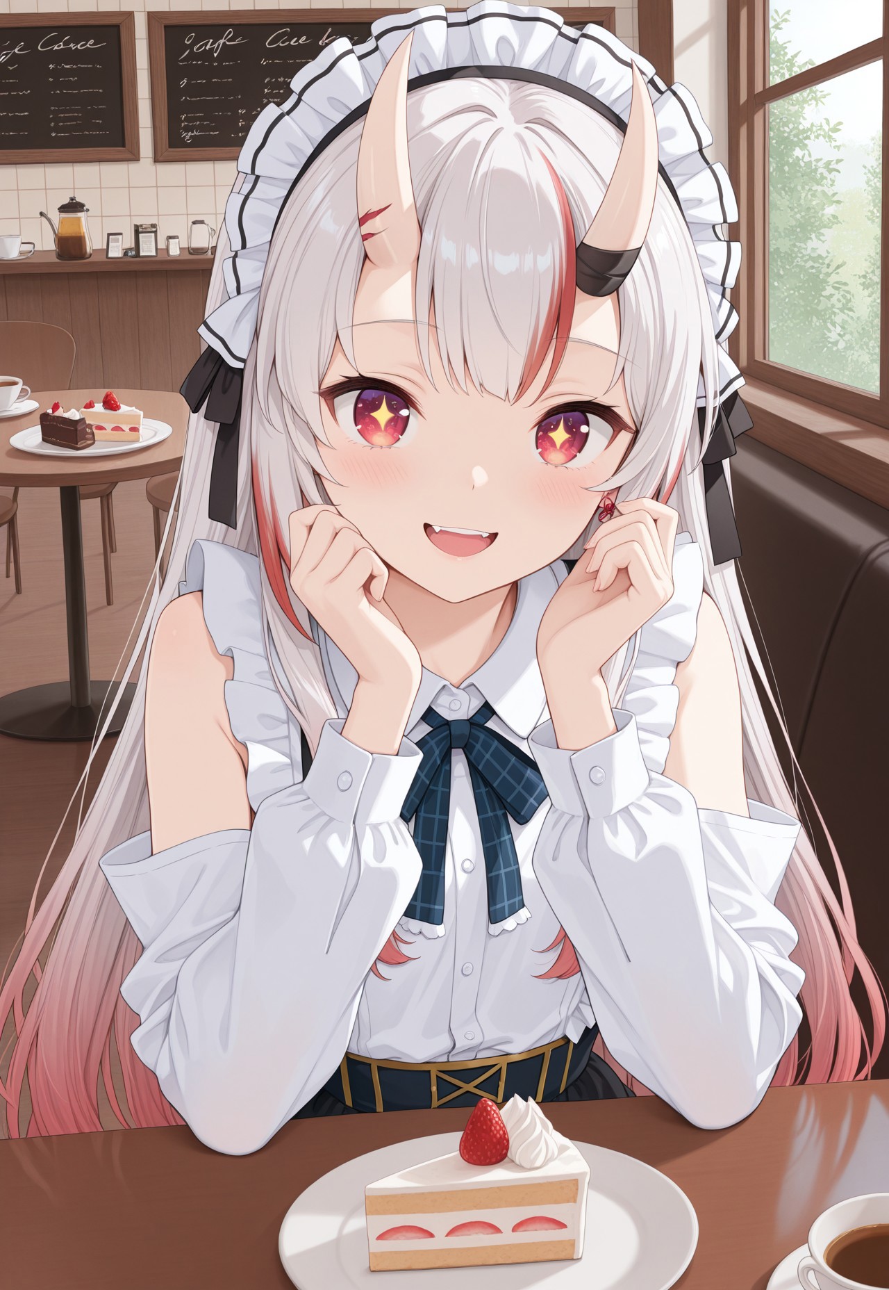 masterpiece, best quality, amazing quality, masterpiece, High quality, Ultra detailed, 2d, newest, absurdres, highres, indoors, cafe, table food, food plate, cake slice, looking at viewer, starry eyes, smile, open mouth, sitting, upper body,  1girl, solo, nakiri ayame, oni, oni horns, white hair, red hair, streaked hair, gradient hair, red eyes ayamegirly, very long hair, hair ribbon, black ribbon, maid headdress,  white shirt, sleeveless shirt, detached sleeves, collared shirt, frills, neck ribbon, plaid ribbon, black skirt,