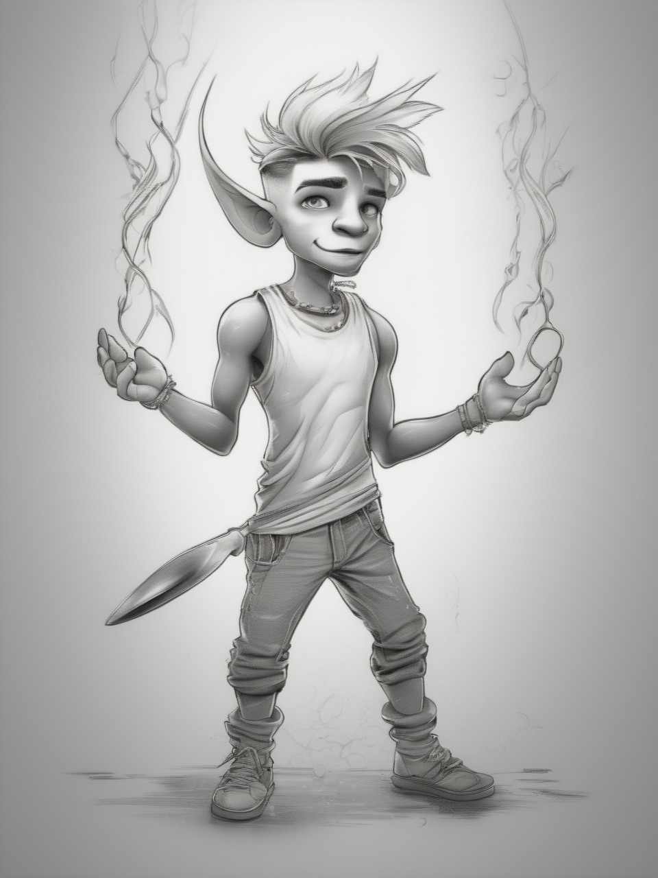 sketch, doodle, drawing, illustration, beginner level, masterpiece, intricately detailed, best quality, absurd resolution, a handsome young man, 18yo, full body, white tank, jeans, colorful background
 <lora:artfullyILLUSKETCH_SDXL_V1:1.0> artllsktch,  spoon, animal focus, hologram, other focus, shoes, bare pectorals, black sclera, ladle, grey background, open hands, orange eyes, spot color, tooth necklace