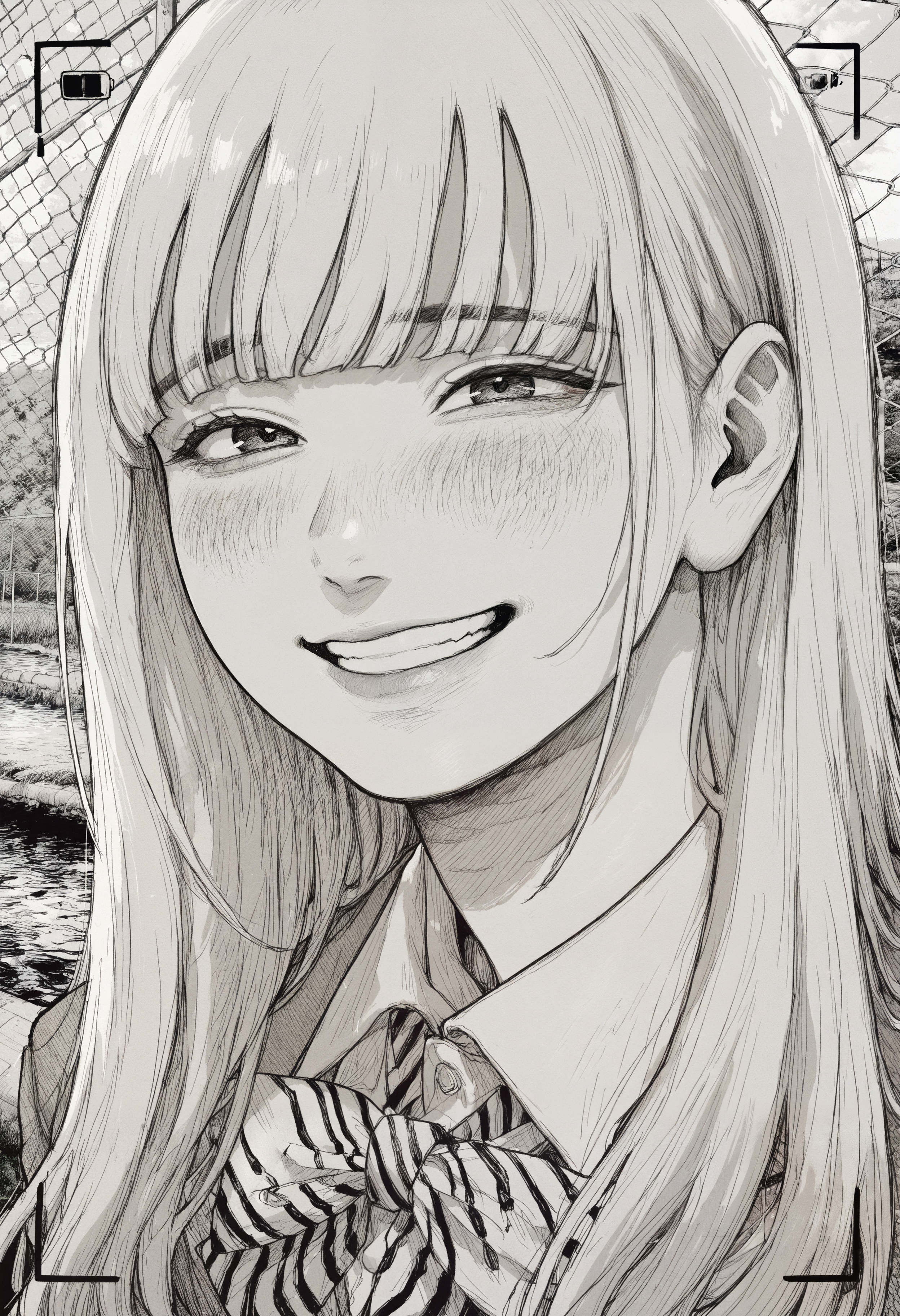 masterpiece, best quality, very aesthetic, absurdres, year 2024, year 2023,  monochrome, greyscale, hatching \(texture\),  1girl, solo, long hair, blunt bangs, bowtie, blazer, outdoors, chain-link fence, river, face focus, smiling at camera, viewfinder, portrait, facing to the side, looking at viewer, blush,  <lora:owk_bsh_yy>  <lora:ponyv4_noob1_2_adamW-000017:0.35>