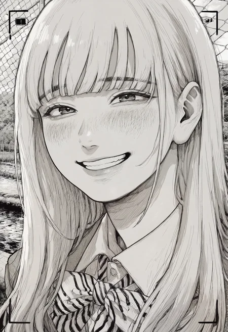 masterpiece, best quality, very aesthetic, absurdres, year 2024, year 2023, monochrome, greyscale, hatching \(texture\), 1girl, solo, long hair, blunt bangs, bowtie, blazer, outdoors, chain-link fence, river, face focus, smiling at camera, viewfinder, portrait, facing to the side, looking at viewer, blush, <lora:owk_bsh_yy> <lora:ponyv4_noob1_2_adamW-000017:0.35>