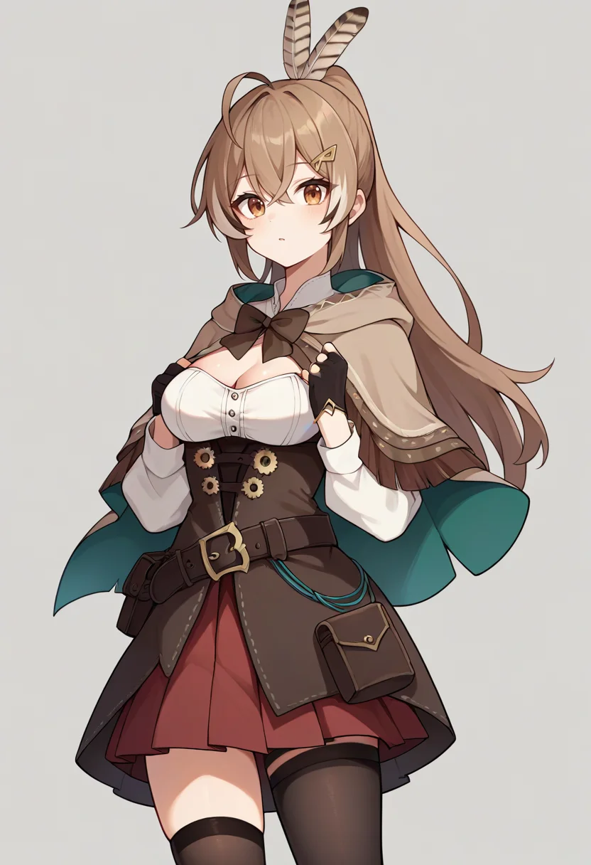 score_9,score_8_up,score_7_up,score_6_up,score_5_up,score_4_up,
1girl, nanashi mumei, long hair, ponytail, feather hair ornament, hairclip, ahoge, brown hooded capelet, brown bowtie, two-sided cape, high-collared white shirt, cleavage cutout, sleeves past elbows, brown corset, belt, red skirt, pleated skirt, single thighhigh, partially fingerless gloves, pouch, sheath,
simple background, grey background, solo, looking at viewer, standing,
<lora:mumeiponyxl1:1>