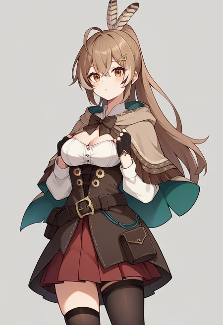 score_9,score_8_up,score_7_up,score_6_up,score_5_up,score_4_up,
1girl, nanashi mumei, long hair, ponytail, feather hair ornament, hairclip, ahoge, brown hooded capelet, brown bowtie, two-sided cape, high-collared white shirt, cleavage cutout, sleeves past elbows, brown corset, belt, red skirt, pleated skirt, single thighhigh, partially fingerless gloves, pouch, sheath,
simple background, grey background, solo, looking at viewer, standing,
<lora:mumeiponyxl1:1>