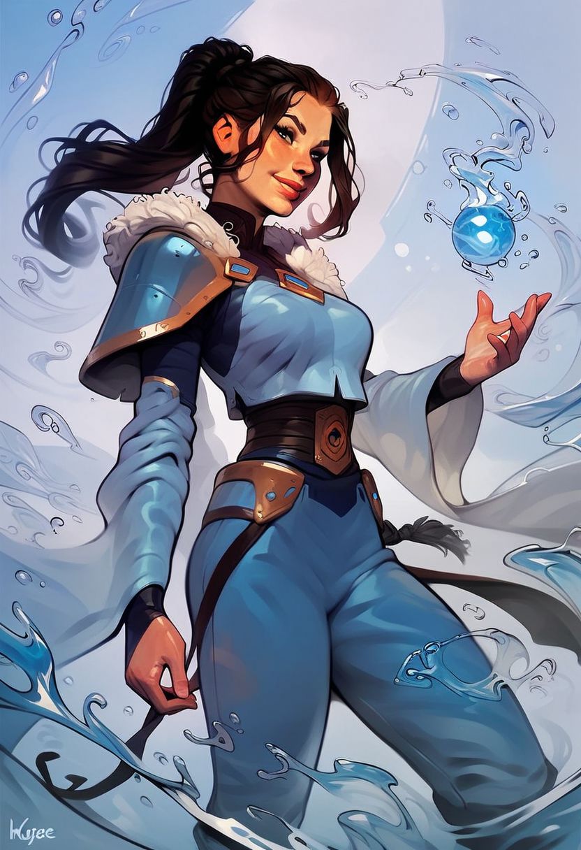 score_9, score_8_up, score_8, score_7_up, score_7, score_6_up, score_6, score_5_up, Score_5, rating_questionable, sexy girl, beautiful face, black hair ,  ponytail hairstyle, soft smile , pretty , calm , water mage , powerful water mage , wearing blue water armor, magic , standing in water , intricate details , fantasy , water balls floating in air , water dragon
