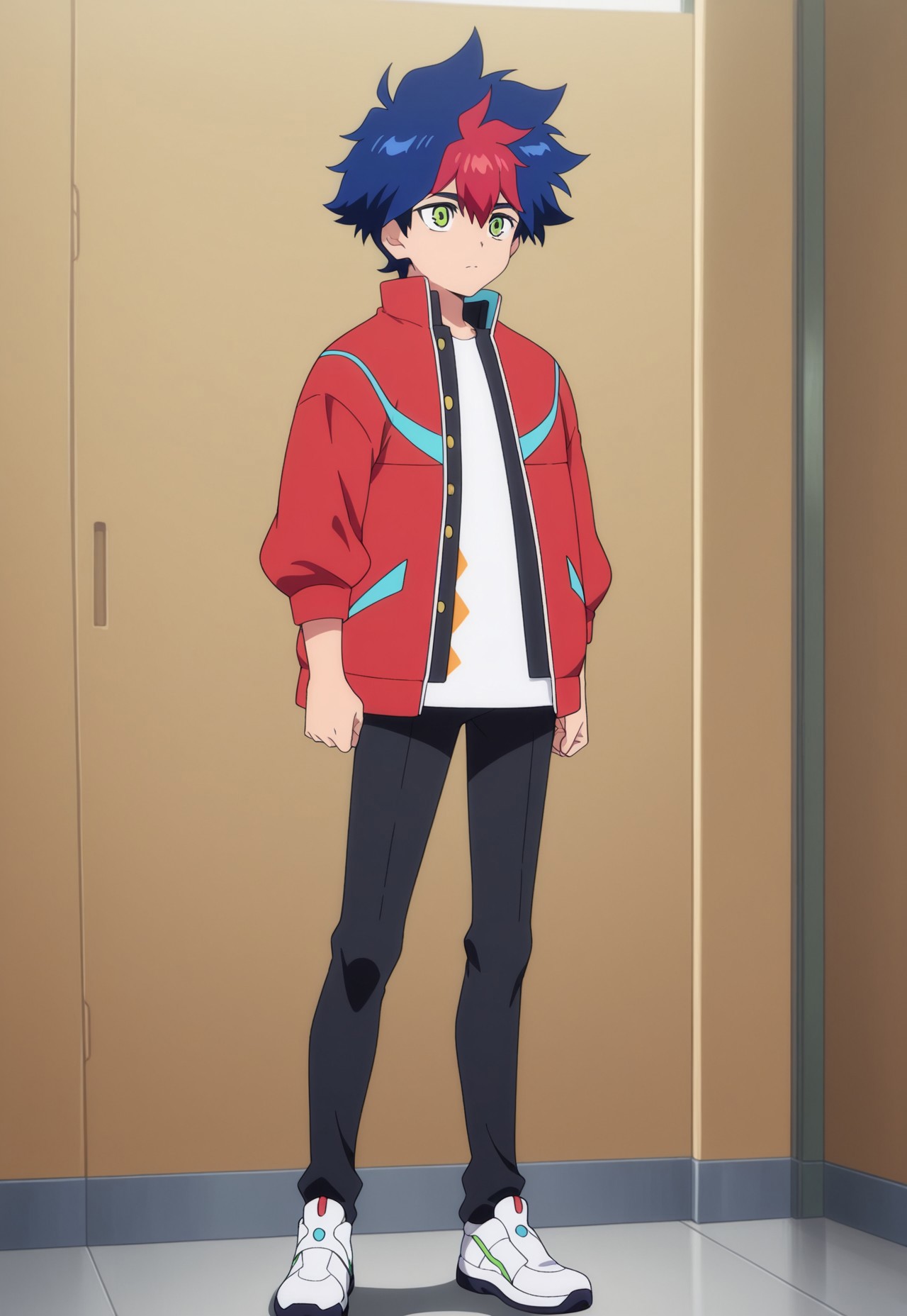 masterpiece,best quality,amazing quality, source_anime,

RaitoTenryu, 1boy, male focus, solo, green eyes, multicolored hair, blue hair, red hair, gakuran, shirt, white shirt, jacket, red jacket, open jacket, pants, black pants, shoes, sneakers,