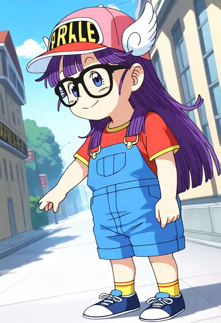 <lora:Hyper-SDXL-8steps-lora:1><lora:Fixhands_anime_bdsqlsz_V1:1>
zPDXL2, outdoors, city, tokyo, japan, 
dutch angle, standing, Confident, Eyes that meet the viewer directly, a slight smile, and a relaxed posture.,
1girl, solo, ds-norimakiarale, purple hair, long hair, blue eyes, black-framed eyewear, pink hat, winged hat, ds-norimakiarale outfit, red shirt, blue overalls, yellow socks, blue shoes,
<lora:ds-norimakiarale_XL(pony)v10:1>