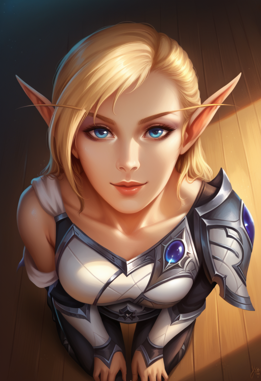 score_9, score_8_up, score_7_up, 1girl, solo, on knees, arm support, from top view, from top to down, smiling, looking up, close up, indoors, dynamic lighting, dynamic angle, looking at viewer,
<lora:YuPaChu_-_Artist_style:0.9> ss-YPC$tyl3,  <lora:AlleriaWindrunnerTWW:0.7> alleri4, blonde, blue eyes, pointy ears, shoulder armor,