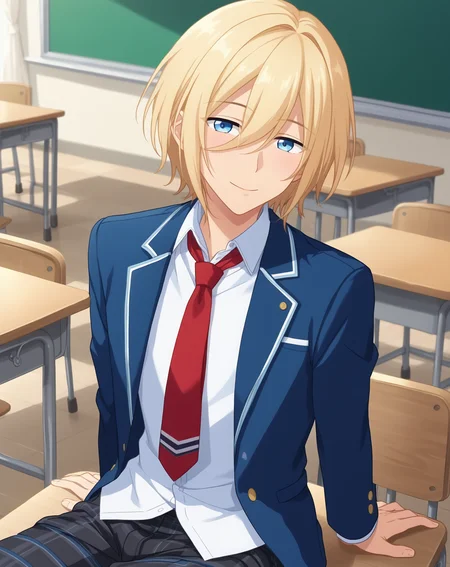 score_9, score_8_up, score_7_up, source_anime, anime screencap, depth of field, rating_safe, BREAK,
1boy, solo, yaoi, male focus, looking at viewer, cowboy shot, facing viewer,
<lora:tenshouin_eichi_pony:1> tenshouin_eichi_pony, blonde hair, blue eyes, medium hair, hair between eyes, bangs,
yumenosaki school uniform, blue jacket, white shirt, collared shirt, red necktie, black pants, plaid pants,
indoors, school, classroom, desk, sitting, arms at sides,
<lora:age_slider_v4:1.75>