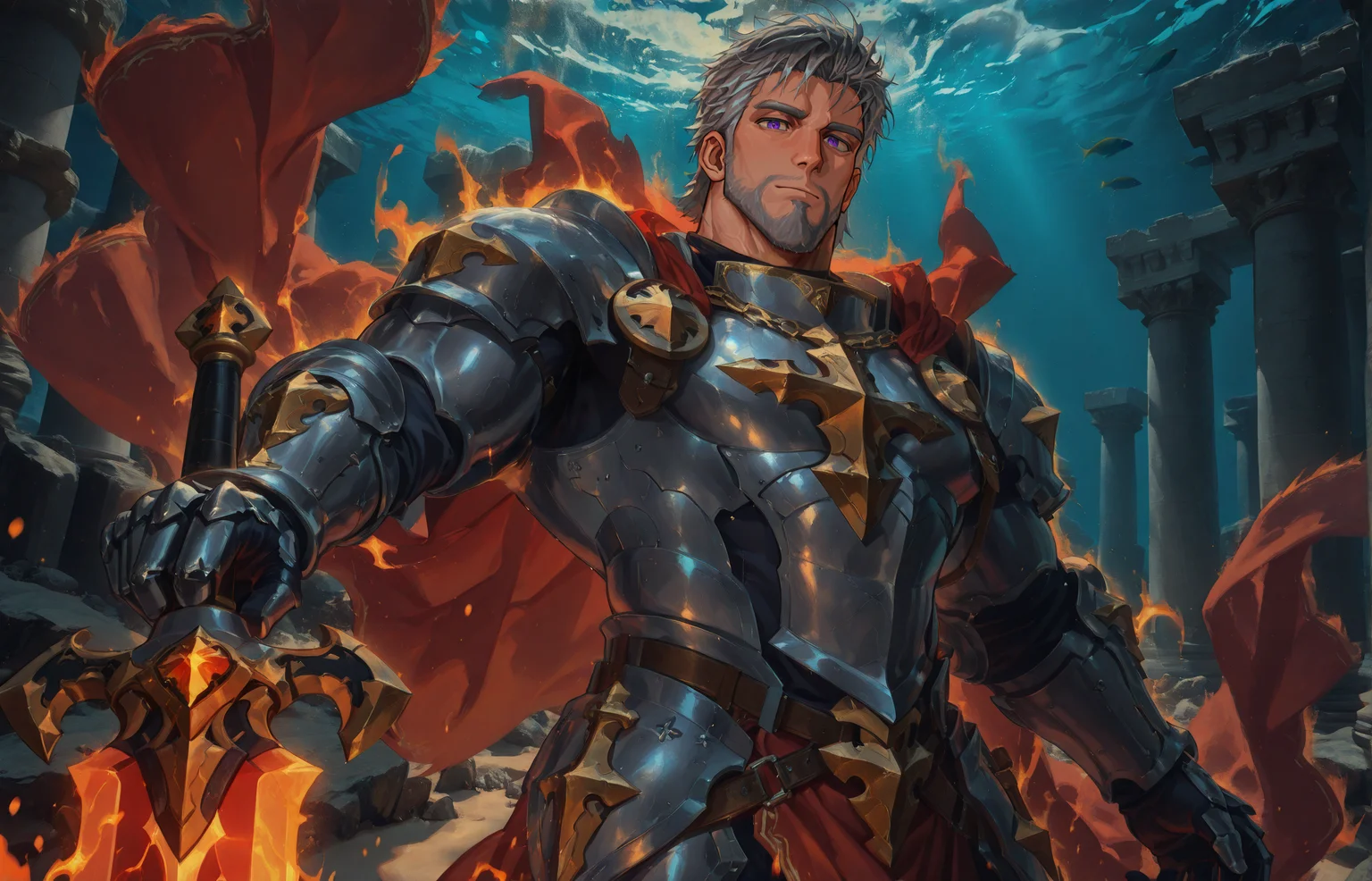 <lora:underwater_Temple_of_P0s31d0n-i:1>, underwater Temple of P0s31d0n
<lora:face_Cadanova_Alchemist_Code_repair-000003:.8>, (tagatamecadanova, 1boy, short hair, grey hair, purple eyes, solo, male focus, mature male, muscle body, bara, armor, cape, greadsword, holding sword,)
(very short hair, beard, bara, mature, facial hair, stubble, beard, full beard, sideburn, beard, a lot of beard, ), facial hair,male focus, muscular male, muscular male, bara, mature, bara, mature, aixiwuganda_(20222192), very awa, masterpiece, best quality, absurdres, newest, perfect quality, detailed background, intricate details,
<lora:slider_Body Type_alpha1.0_rank4_noxattn_last:3><lora:Anime Summer Days 2 Style SDXL_LoRA_Pony Diffusion V6 XL:.6><lora:slider_cfg_scale_boost:.7><lora:Artist6p:.55>, Artist6p, Artist04p,<lora:slider_il_brightness_slider_d1:-1><lora:slider_il_contrast_slider_d1:-1><lora:slider_DarkSlider1.2_alpha1.0_rank16_full_300steps:-.6>