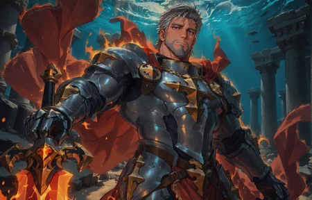 <lora:underwater_Temple_of_P0s31d0n-i:1>, underwater Temple of P0s31d0n
<lora:face_Cadanova_Alchemist_Code_repair-000003:.8>, (tagatamecadanova, 1boy, short hair, grey hair, purple eyes, solo, male focus, mature male, muscle body, bara, armor, cape, greadsword, holding sword,)
(very short hair, beard, bara, mature, facial hair, stubble, beard, full beard, sideburn, beard, a lot of beard, ), facial hair,male focus, muscular male, muscular male, bara, mature,  bara, mature, aixiwuganda_(20222192), very awa, masterpiece, best quality, absurdres, newest, perfect quality, detailed background, intricate details,
<lora:slider_Body Type_alpha1.0_rank4_noxattn_last:3><lora:Anime Summer Days 2 Style SDXL_LoRA_Pony Diffusion V6 XL:.6><lora:slider_cfg_scale_boost:.7><lora:Artist6p:.55>, Artist6p, Artist04p,<lora:slider_il_brightness_slider_d1:-1><lora:slider_il_contrast_slider_d1:-1><lora:slider_DarkSlider1.2_alpha1.0_rank16_full_300steps:-.6>