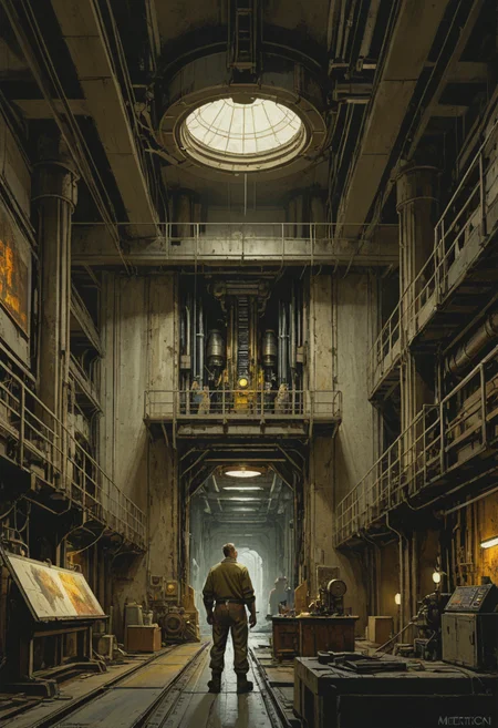fortress, industrial, machine-filled, 1 man 1 narrator, inspecting, side by side, no expression, dark, omniscient, looking, careful, discreet, intricate, detailed 4K, trending on artstation, volumetric lighting â frank Stephenson, Norman Rockwell, center spotlight, bright, ((Beautiful, brush strokes, digital art, extremely detailed digital illustration, cinematic, vast, epic, incredible perspective, breathtaking, awe-inspiring, intricate design, meticulous detail, concept art))