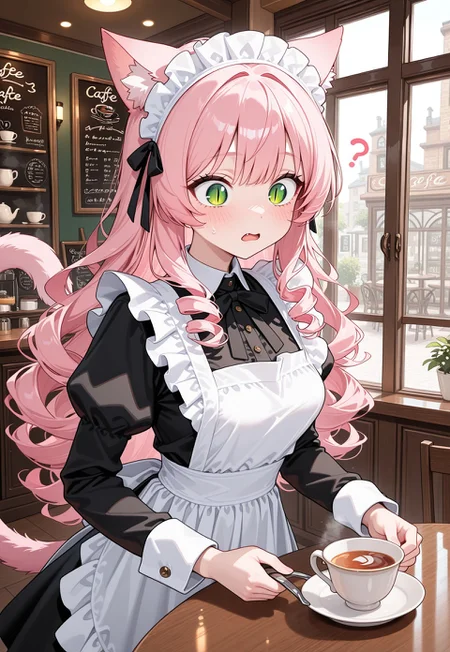 masterpiece, best quality, newest, absurdres, highres, sfw, rating:safe, 1catgirl, skinny, medium breasts, pink tail, pink ears, long hair, curly hair, pink hair, green eyes, slit pupils, solo, indoor, cafe, maid, maid apron, black dress, long sleeves, maid headdress, clumsy, confused, panic, serving tea,