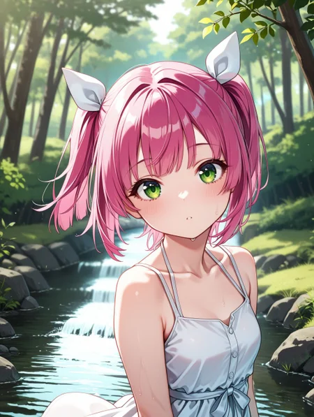 masterpiece, best quality, <lora:spo_sdxl_10ep_4k:0.5>, Perfect Hands, sfw, 
<lora:urin_IL:0.8>, 
1girl, solo, urin, long hair, short twintails, pink hair, green eyes, hair ribbon, white dress , 
head tilt, outdoors, water, stream, arms at sides, looking at viewer, day, river, nature, standing, tree, upper body, forest, blurry, (blurry background:1.2), dynamic lighting,