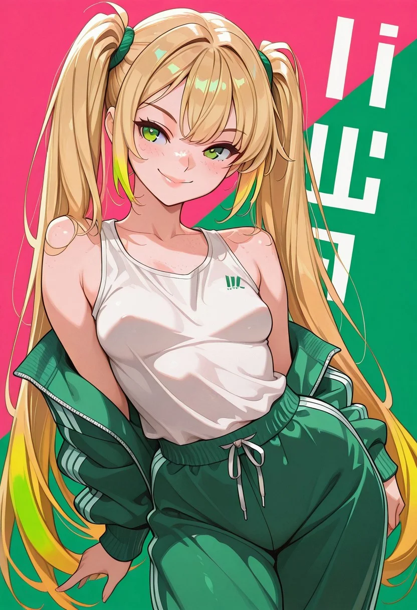 masterpiece, best quality, 32k, high resolution, absurdres, girl,
skindentation, d41z3n, Lizzie, LizzieRH, Adult girl, blonde hair, twin tails, very long hair, hair_between_eyes, colorful highlights, green eyes, freckles, small mouth, cute full lips, slim, small breasts, fit, track suit pants, loose tank top, side boobs, nipple peek, dynamic pose, multicolour background, flat colors, bold lines, grainy, smiling, posing sexy, sporty, dynamic, shadow