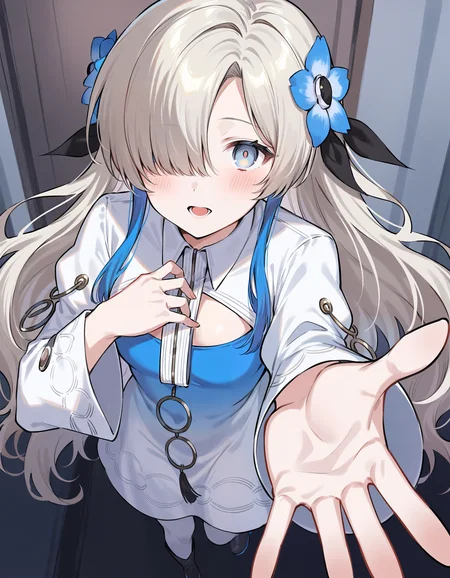 1girl, isekaijoucho, isekai joucho,
blue hair flower, gray wavy long hair, hair over one eye, multicolored hair, white blue two-tone dress, blue white gradient dress, puffy long sleeves, white pantyhose, high heel boots,
reaching, reaching towards viewer, outstretched arms, close-up, portrait, pov, foreshortening, yandere, (empty eyes), blush, yandere trance,
masterpiece, best quality, very aesthetic, safe,
<lora:neg4all_bdsqlsz_xl_V91:1>, <lora:Isekaijoucho_anmgn31_D-B:0.6>