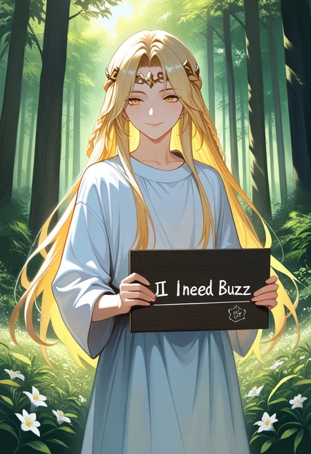 (masterpiece:1.2), (best quality:1.3), ((High quality, HD Illustration, very clear)), amazing quality, very aesthetic, best aesthetic, highres, perfect composition, intricate details, absurdres, 1boy, solo, male focus, ersotemiquella, blonde hair, braid, long hair, yellow eyes, white robe, circlet, dynamic pose, detailed background, standing, cinematic lighting, volumetric lighting, raw, graphic, graphic details, smile, outdoors, forest, flowers, floral, beautiful, traditional media, realistic, close-up, closeup, ((He holds a sign "I need BUZZ")))