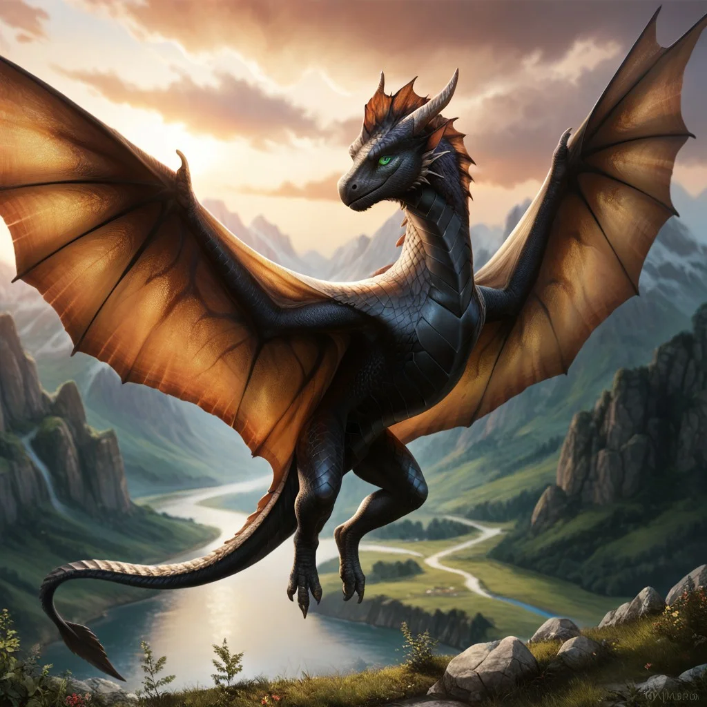 score_9, score_8_up, score_7_up, score_6_up, masterpiece, high quality, realistic, detailed, best quality, 1girl, solo, rating_safe, source_furry, outdoors, flying, smiling, looking at viewer, spread wings, wyvern, scales, wings, tail, 1boy, male, black scales, green eyes, feral, full body, detailed eyes, classic dragon